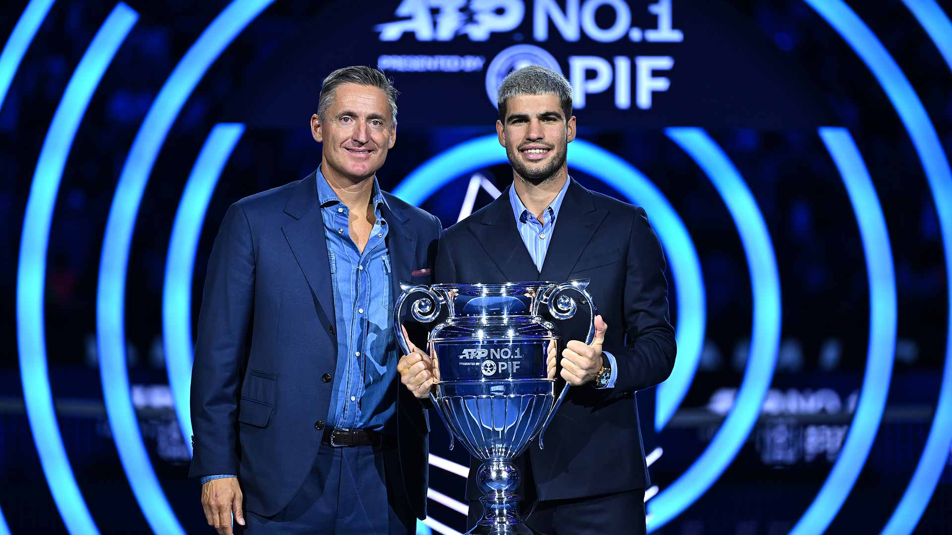 ATP Chairman Andrea Gaudenzi and Carlos Alcaraz at the ceremony recognising the Spaniard's ATP Year-End No. 1 presented by PIF honour.