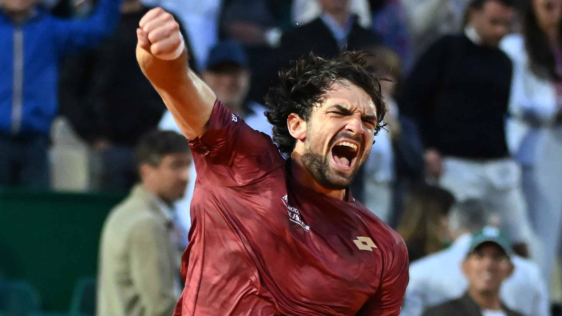Valentin Vacherot celebrates his quarter-final win against Alex de Minaur in Monte-Carlo Friday evening.