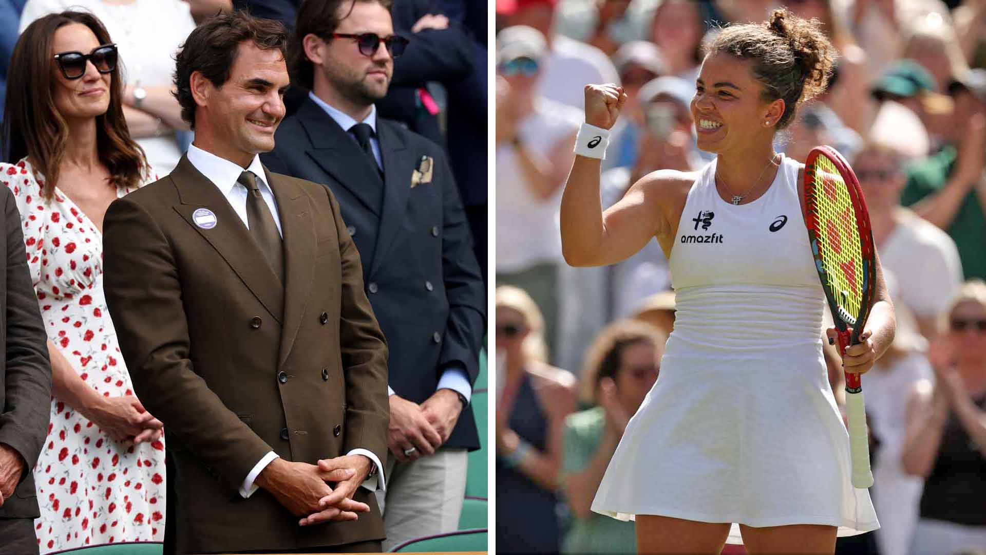 Roger Federer watches Jasmine Paolini win on Centre Court Monday to reach the Wimbledon quarter-finals.